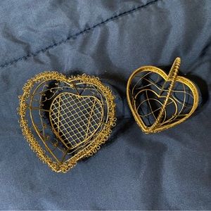 2 vtg mini heart trinket tray wire gold baskets